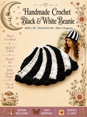 Handmade Black & White Crochet Beanie Adult XL Stretch Knit Hat Boho Cottagecore